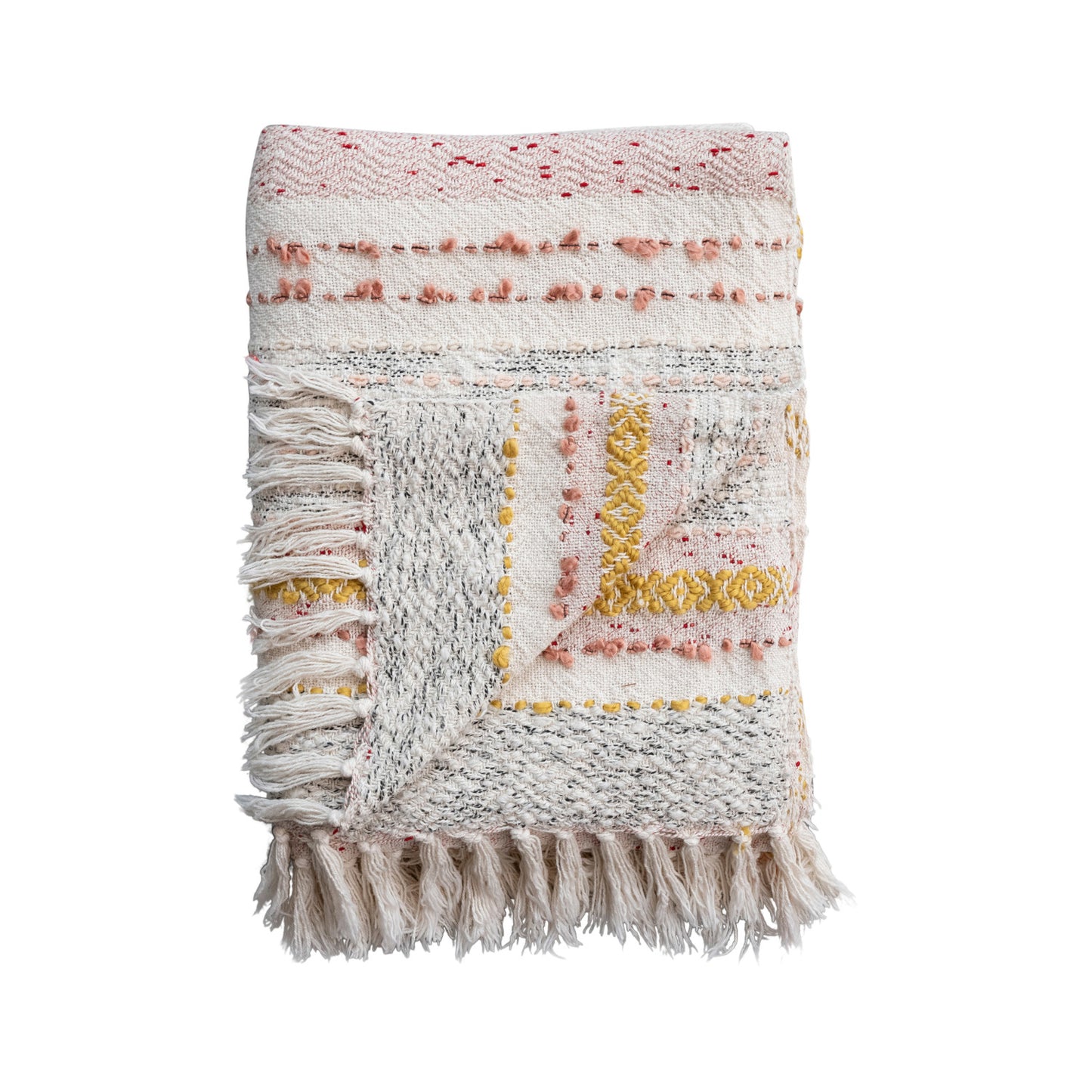 Woven Cotton Blend Throw w/ Stripes, Embroidery & Fringe