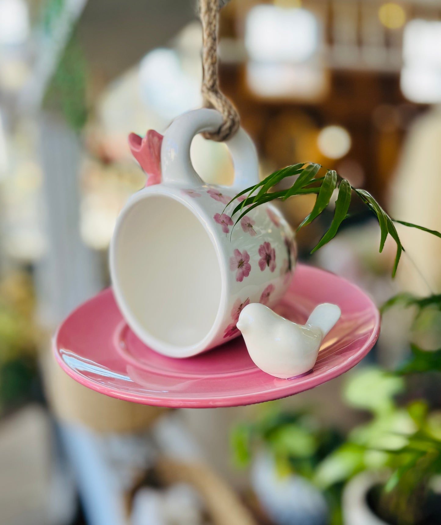 Ceramic Pink Tea Cup and Saucer Bird Feeder